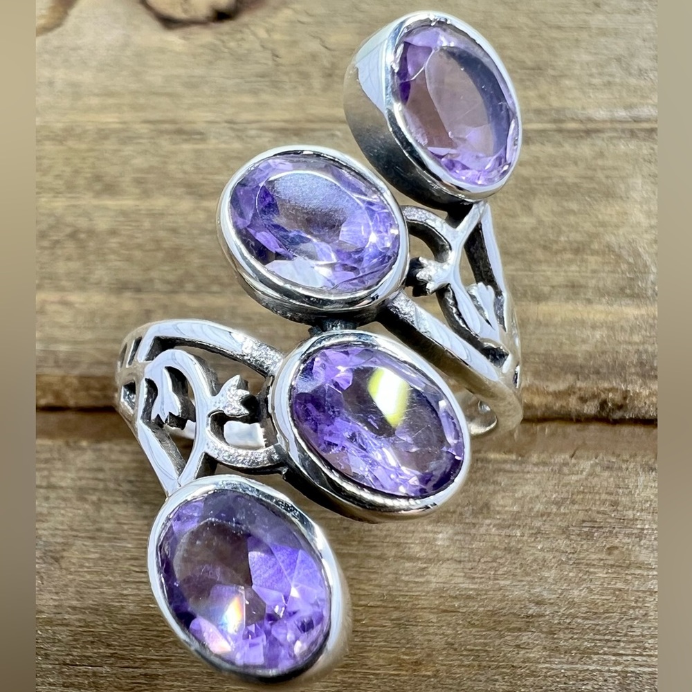 Amethyst 4 Natural Gemstone Sterling Silver Ring